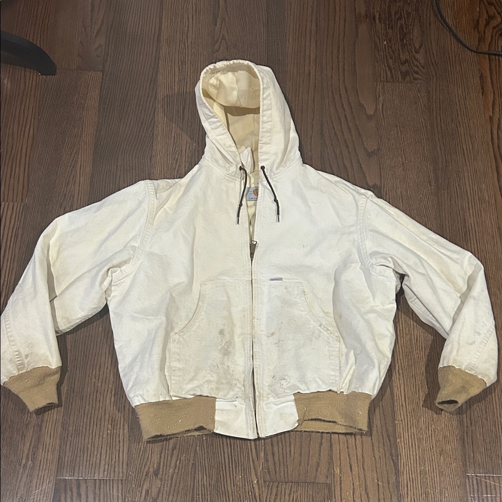 Vtg Carhardt 100th Anniversary hooded work wear white cream jacket sz XL